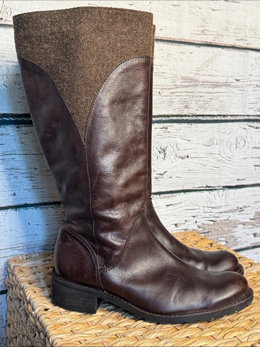 L.L. Bean Vintage Dark Brown Leather and Wool Tall Riding Leather lug Boots